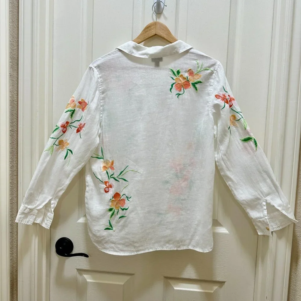 J.Jill 100% Linen Embroidery Shirt Blouse Women's Size S White Floral Button Up - Picture 15 of 16